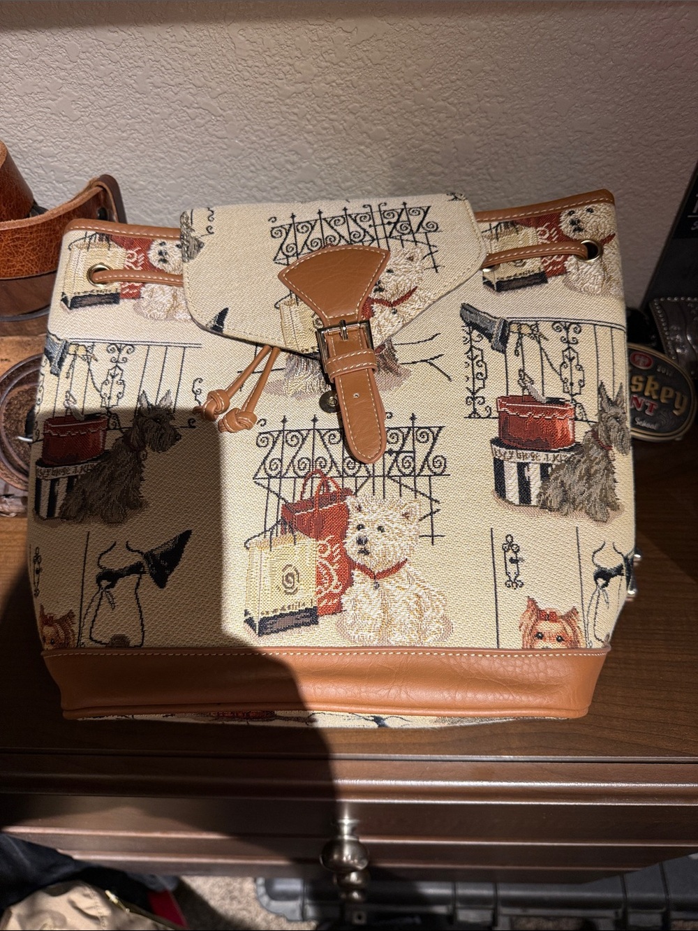 Canvas Drawstring Backpack in Cream with Tan Trim and Dog Print